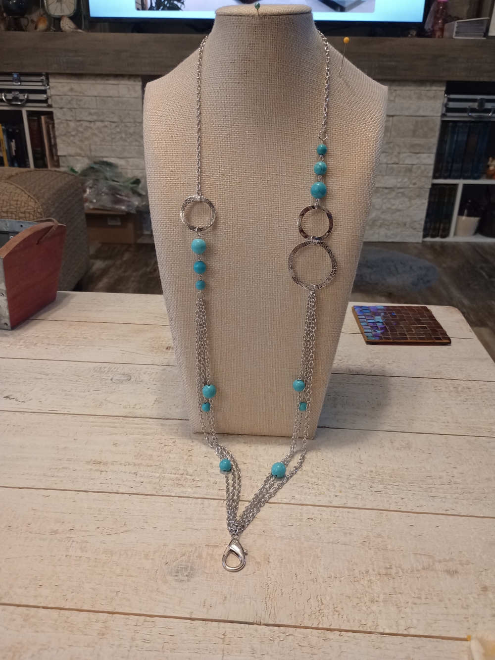 paparazzi Lanyard Silver-Tone Necklace with Turquoise Beads and Ring Accents